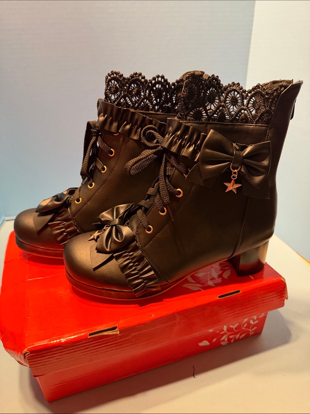 Lace-Trim Bow Lace-Up Ankle Boots - Black NIB